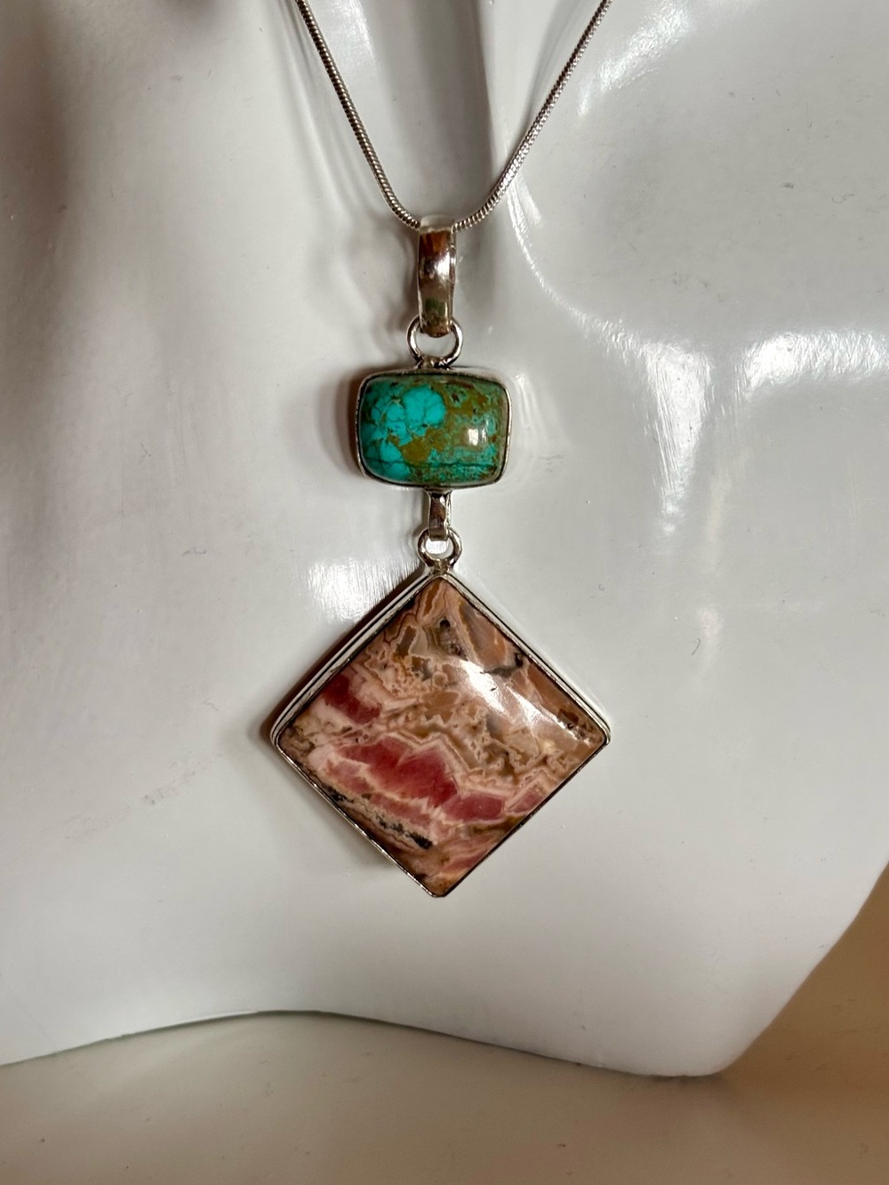 Natural Rhodochrosite Crystal & Turquoise 925 Silver Pendant Necklace